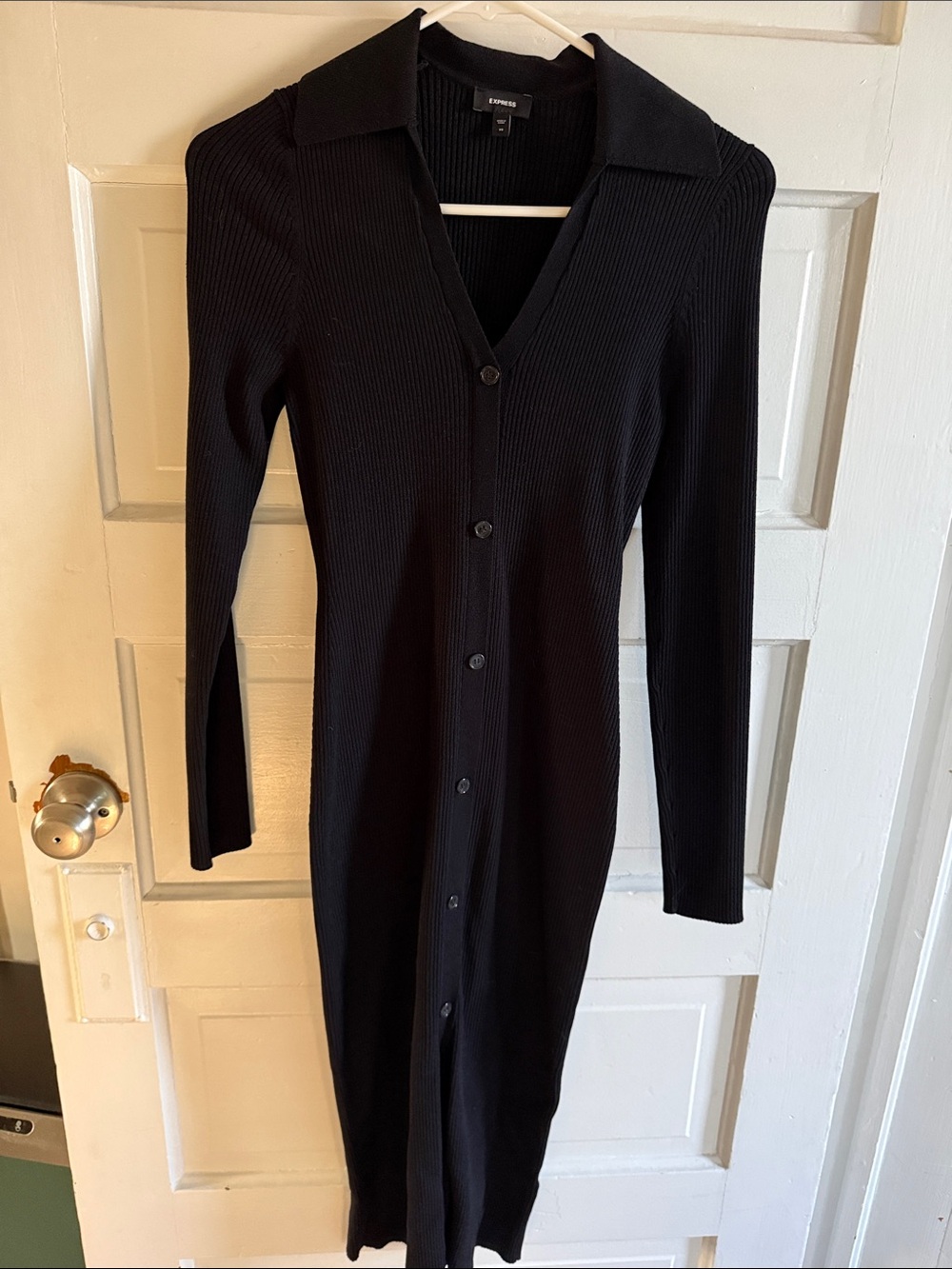 Express Black Ribbed Button-Down Long Sleeve Dress